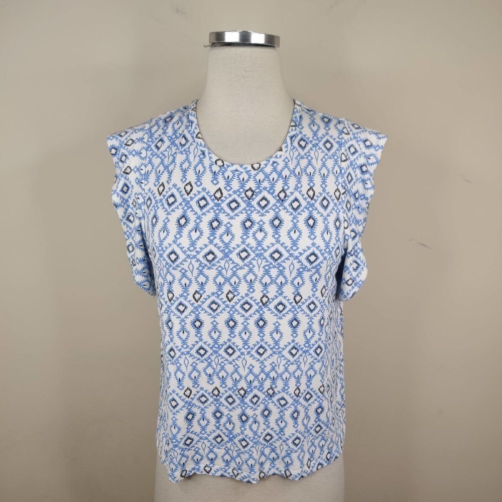 Tart‎ Shirt Blue White Flutter Sleeve Stretch Geometric